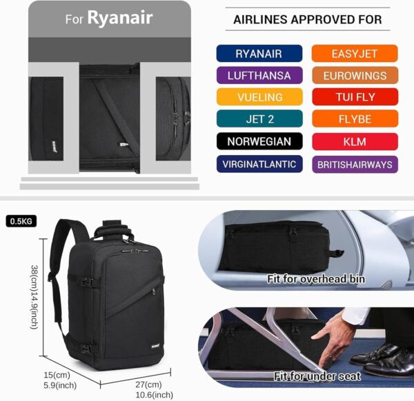 Kono Ryanair Handbagage 40x20x25cm Onder Seat Cabine Reizen Carry On Rugzak Maat 20L（Zwart） - Image 3