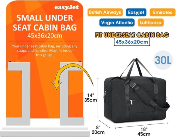 Easyjet Airlines handbagage 45 x 36 x 20 opvouwbare reistas voor onder de stoel, draag- en handtas voor overnachten voor dames en heren 30L (Zwart) - Image 4