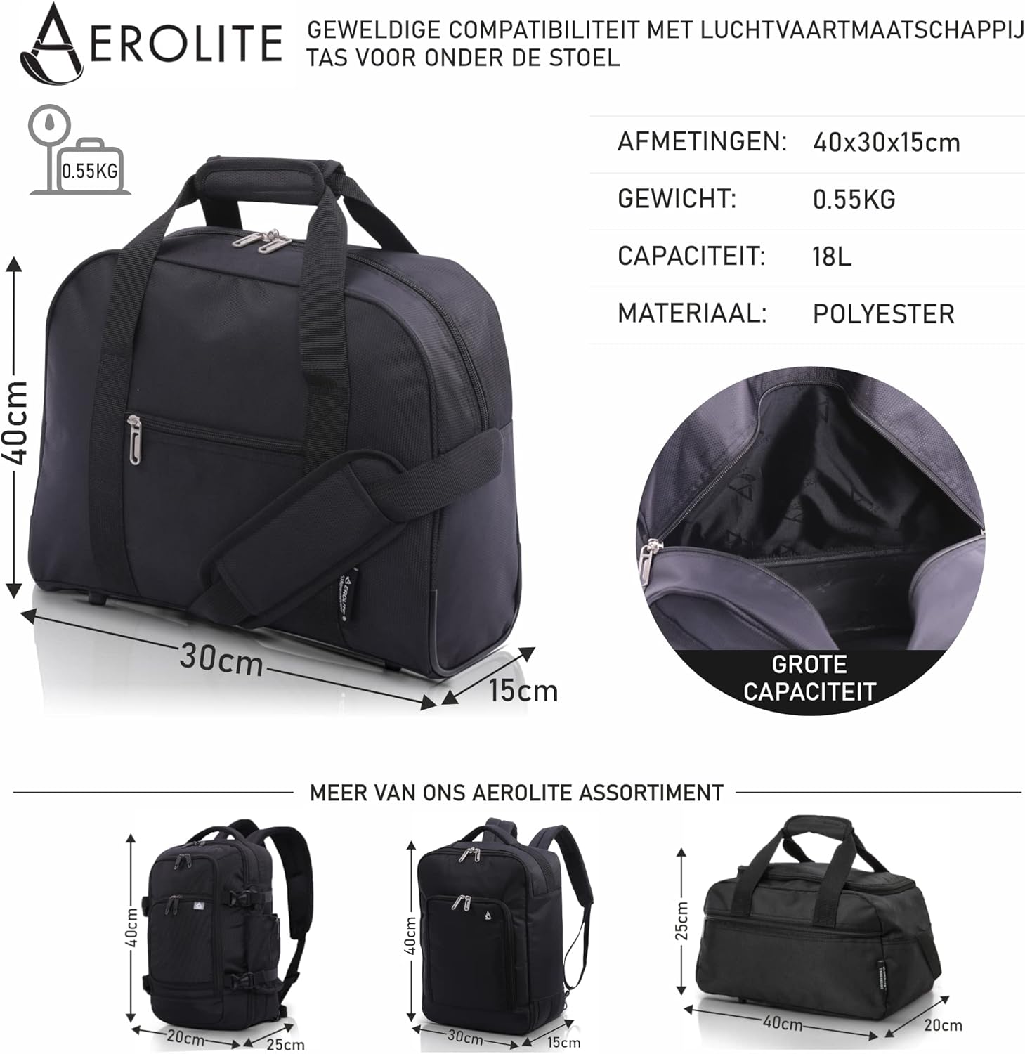 Aerolite 40x30x15 Nieuwe en verbeterde 2023 British Airways, EasyJet, Virgin Atlantic, KLM Holdall, Cabine Bagage Onder Seat Flight Bag, Zwart, Zwart, Carry On Holdall Travel Duffel - Image 3