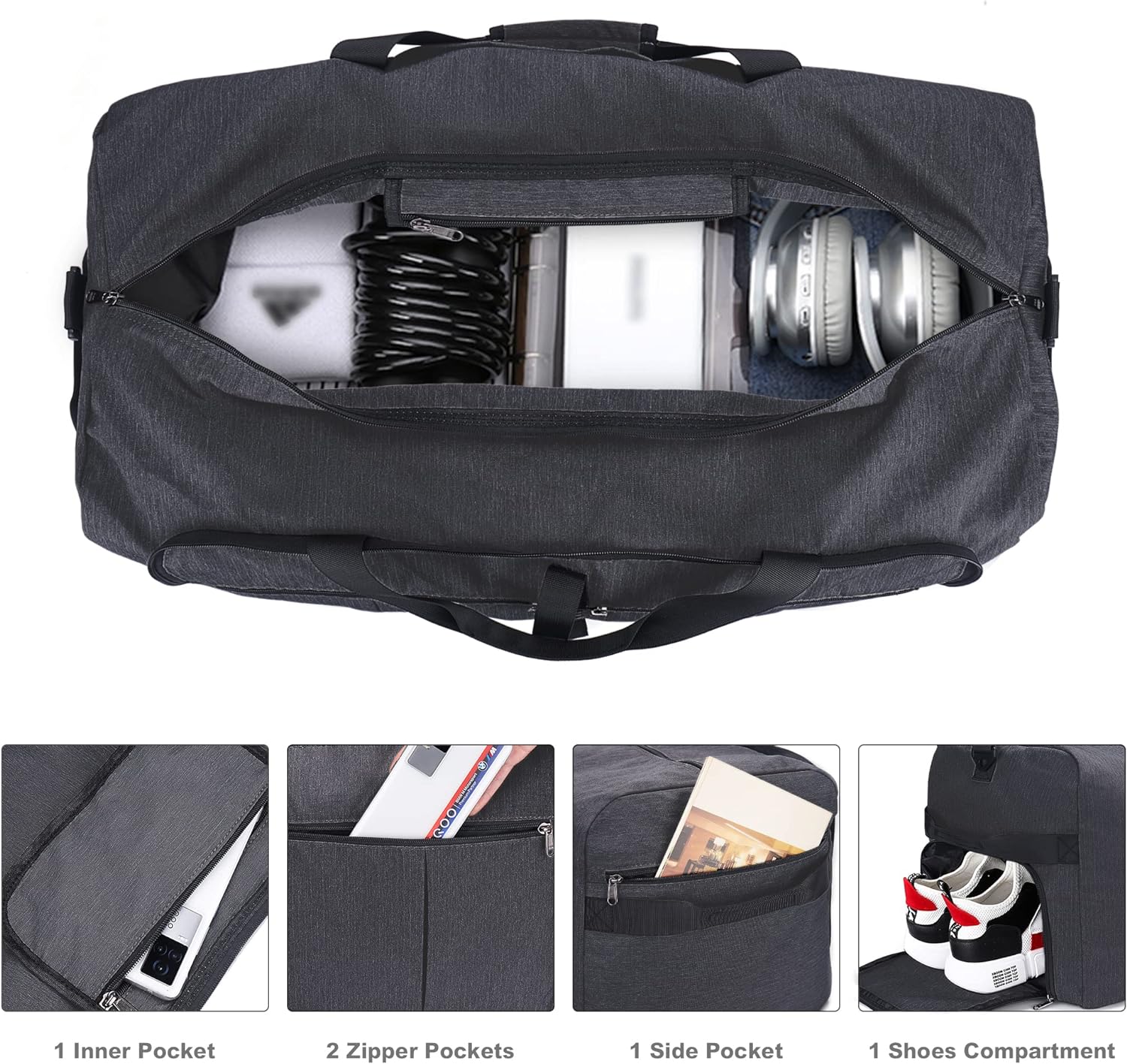 Urtala Opvouwbare reistas voor heren en dames, grote weekendtas met schoenenvak, waterdichte handbagagetas/sporttas, zwart, 120L - Image 5