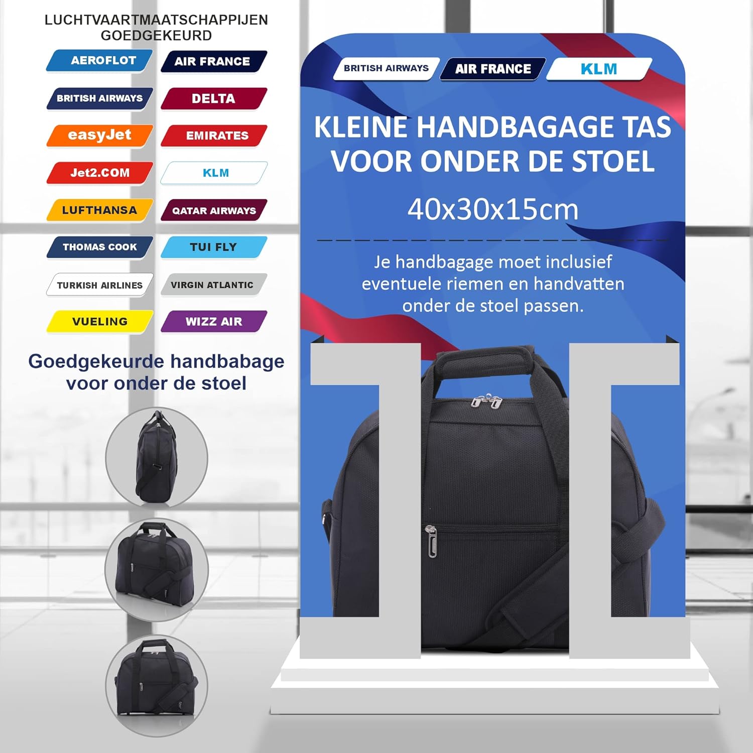 Aerolite 40x30x15 Nieuwe en verbeterde 2023 British Airways, EasyJet, Virgin Atlantic, KLM Holdall, Cabine Bagage Onder Seat Flight Bag, Zwart, Zwart, Carry On Holdall Travel Duffel - Image 4
