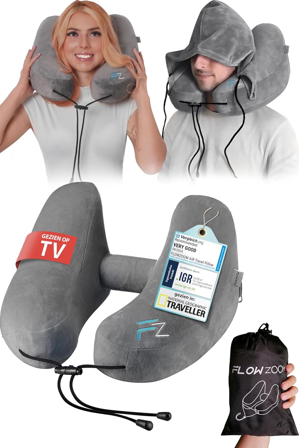 FLOWZOOM AIR Opblaasbaar nekkussen - reiskussen met capuchon en oordopjes voor volwassenen - Snel opblaasbaar Travel pillow voor vliegtuig - Verstelbaar nekkussen met 5 slaapstanden - Grijs, Maat L - Image 2