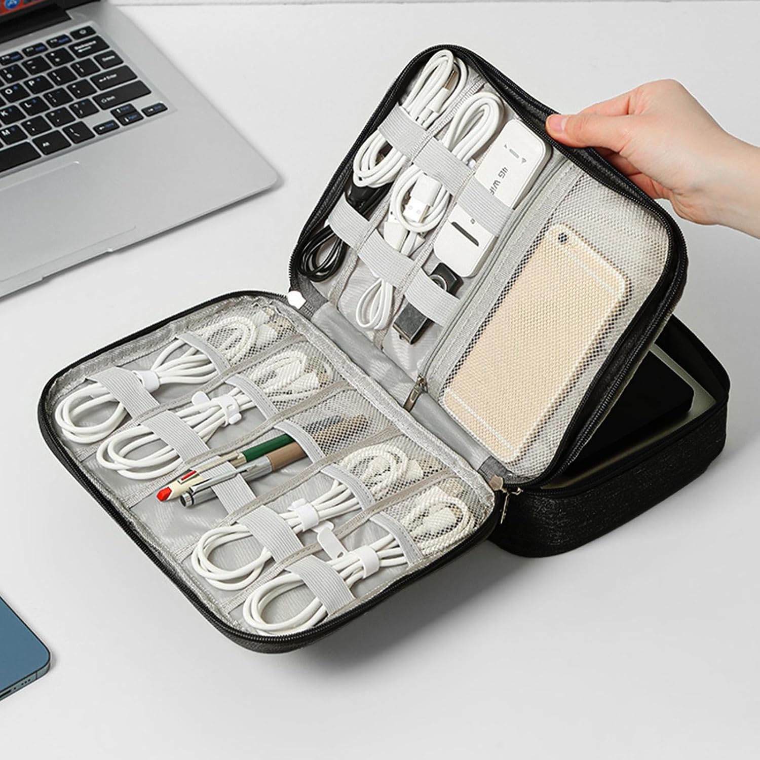 Organisator voor kabeltassen | Zak met 3 niveaus voor het opbergen van elektronica,Travel Essentials kabelopbergtas voor minicamera, muis, harde schijven, oordopjes, telefoons, opladers - Image 3