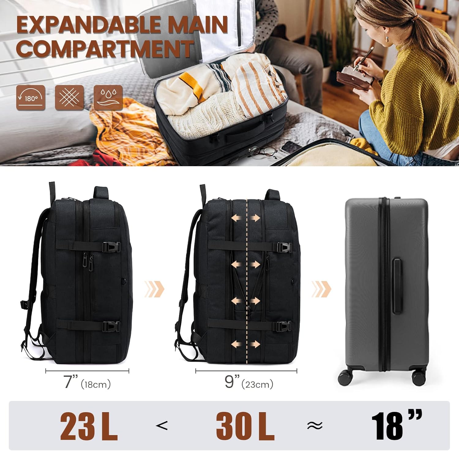 LOVEVOOK Reisrugzak voor dames en heren, handbagage, grote uitbreidbare rugzak, goedgekeurde handbagage rugzak, laptoprugzak 15,6 inch/45,7 cm/45,7 cm, weekendtas voor wandelen - Image 4