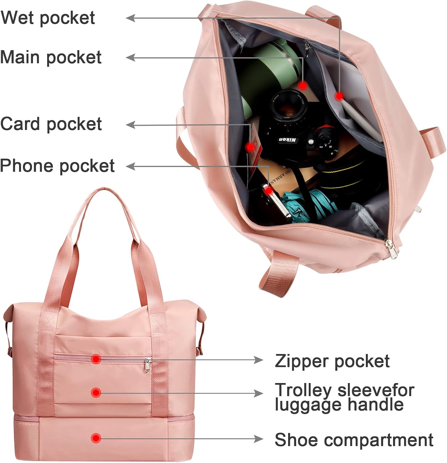 Reistas, CS COSDDI 36 l, weekendtas met trolleymouw, droge en natte compartimenten, sporttas, gym, waterdicht, shoppingtas, handbagage, voor mannen en vrouwen, weekendtas, draagtas, ziekenhuistas, #01 Roze - Image 10