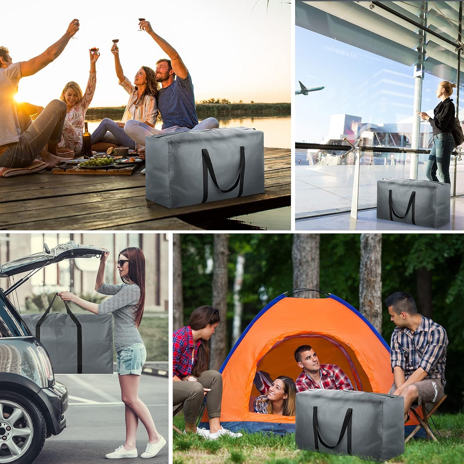 4-pack 110L extra grote reisplunjezak, opvouwbare waterdichte 600D Oxford-doek, zware opbergtassen voor mannen vrouwen, sterke verhuisdozen voor huis, bagagetassen, Grijs, XL, reizen - Image 7