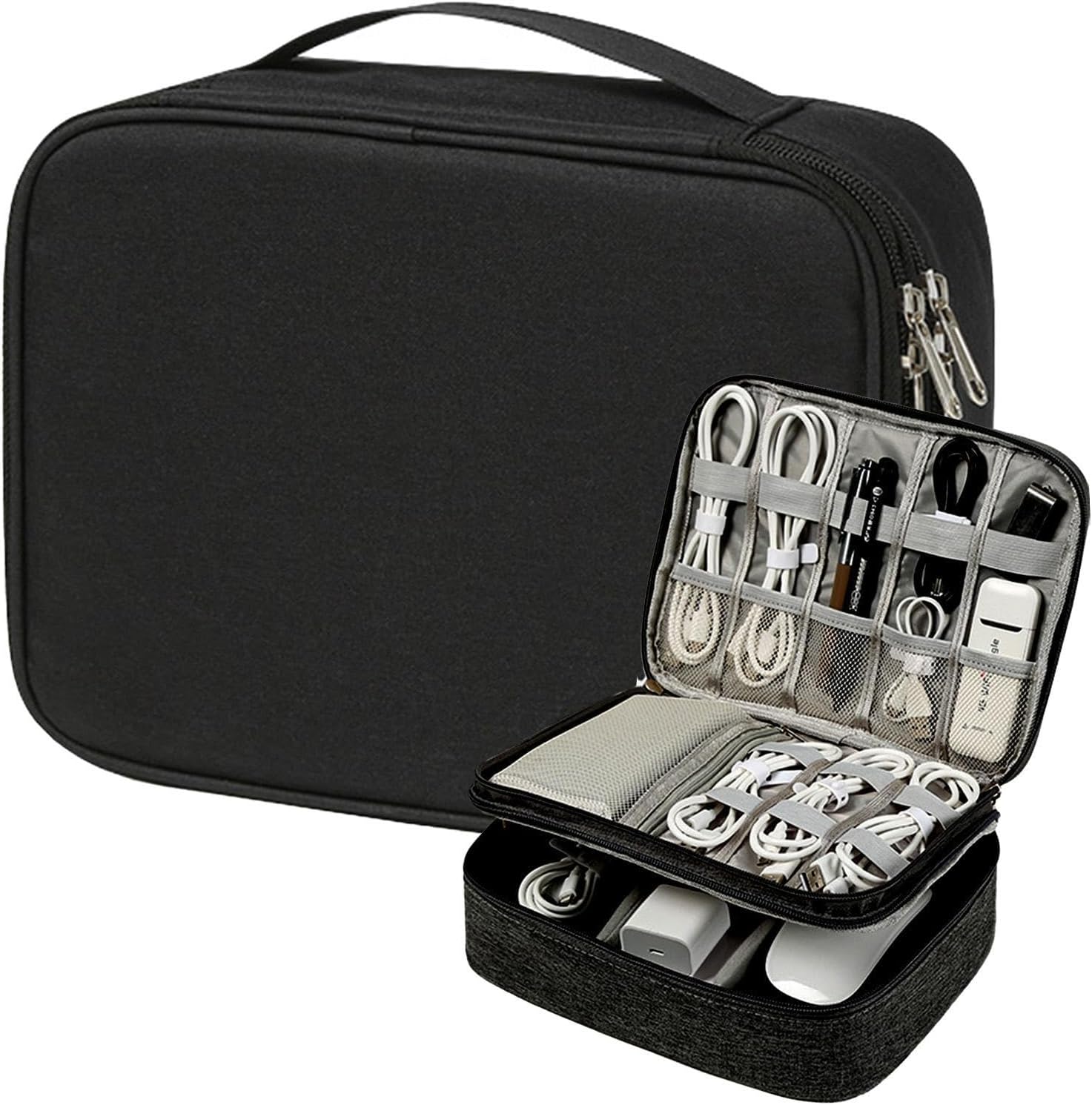 Organisator voor kabeltassen | Zak met 3 niveaus voor het opbergen van elektronica,Travel Essentials kabelopbergtas voor minicamera, muis, harde schijven, oordopjes, telefoons, opladers - Image 2
