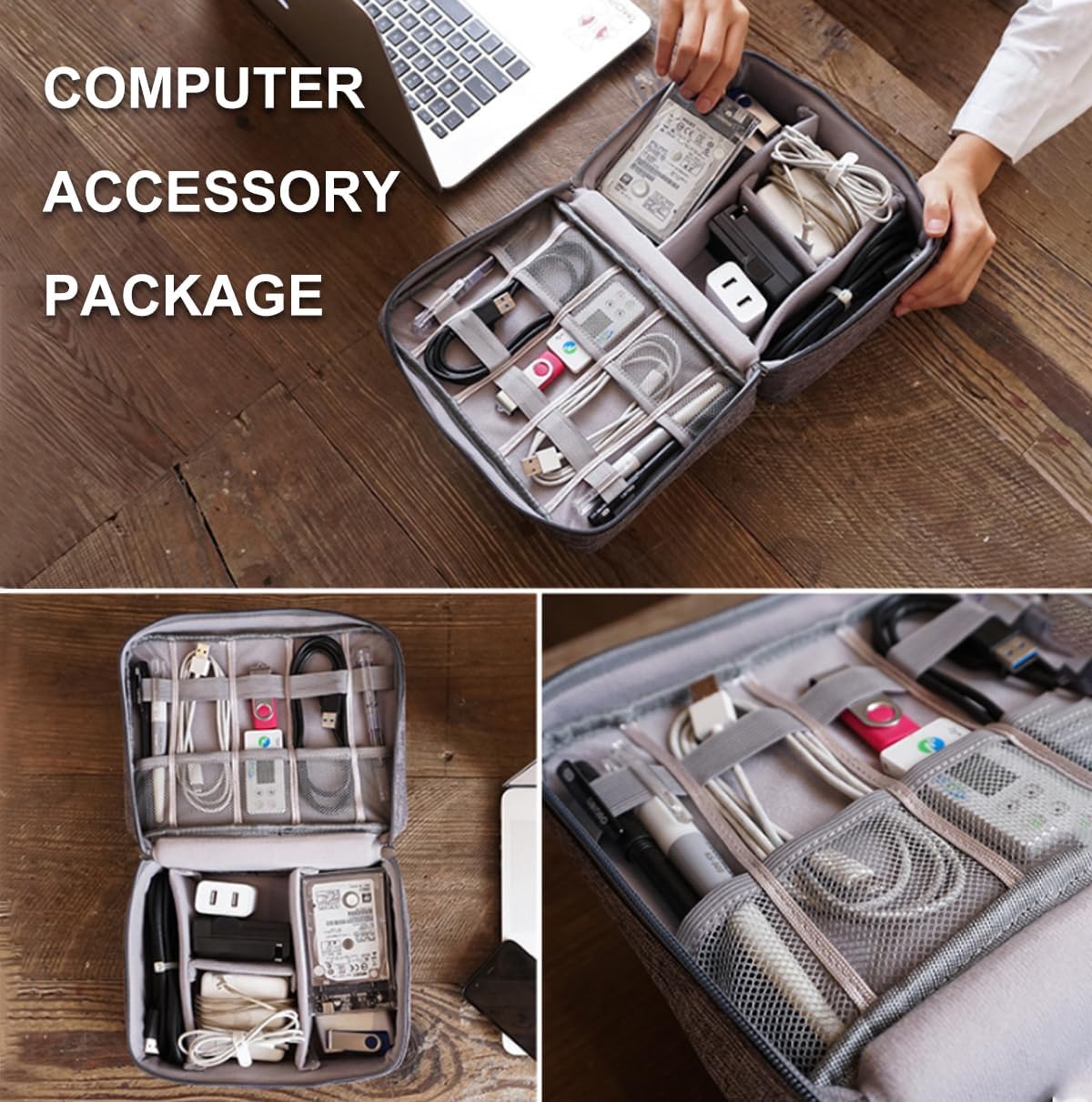 Tas voor kabelorganizer, reistas, elektronica accessoires, kabelopbergtas, waterdichte gadget-reistas voor USB-opladers, oplaadkabel, powerbank, mobiele telefoon (grijs) - Image 4