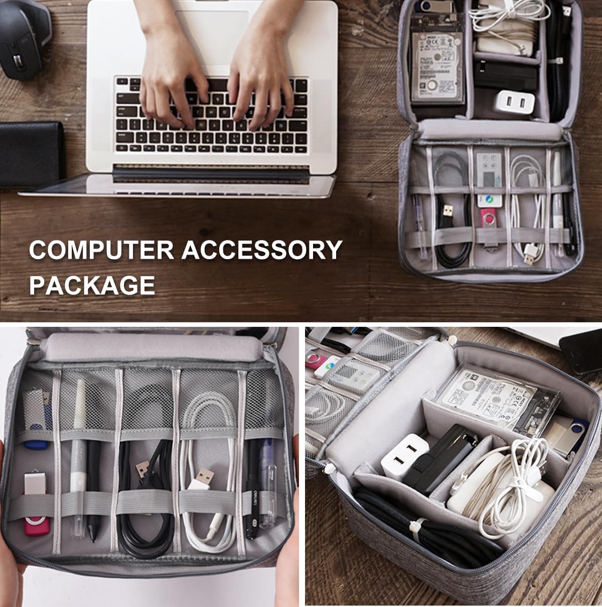 Tas voor kabelorganizer, reistas, elektronica accessoires, kabelopbergtas, waterdichte gadget-reistas voor USB-opladers, oplaadkabel, powerbank, mobiele telefoon (grijs) - Image 6