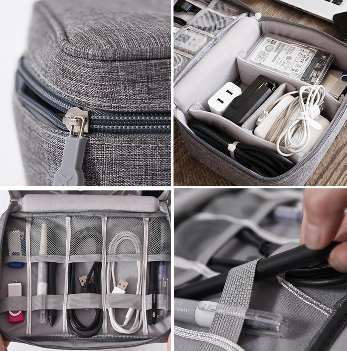 Tas voor kabelorganizer, reistas, elektronica accessoires, kabelopbergtas, waterdichte gadget-reistas voor USB-opladers, oplaadkabel, powerbank, mobiele telefoon (grijs) - Image 8