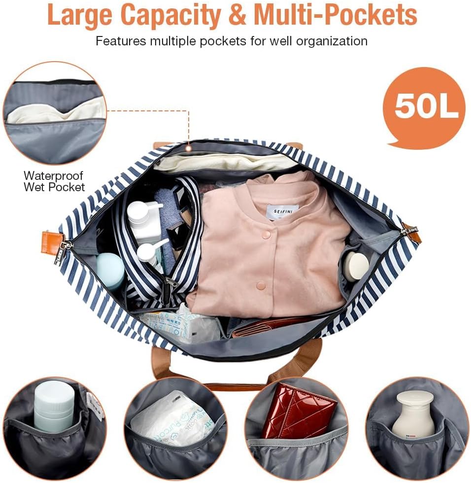Lekespring Dubbellaagse reistas, handbagage, leer, weekendtas, dames, met schoenenvak, 50 l, gestreept, 50L - Image 3