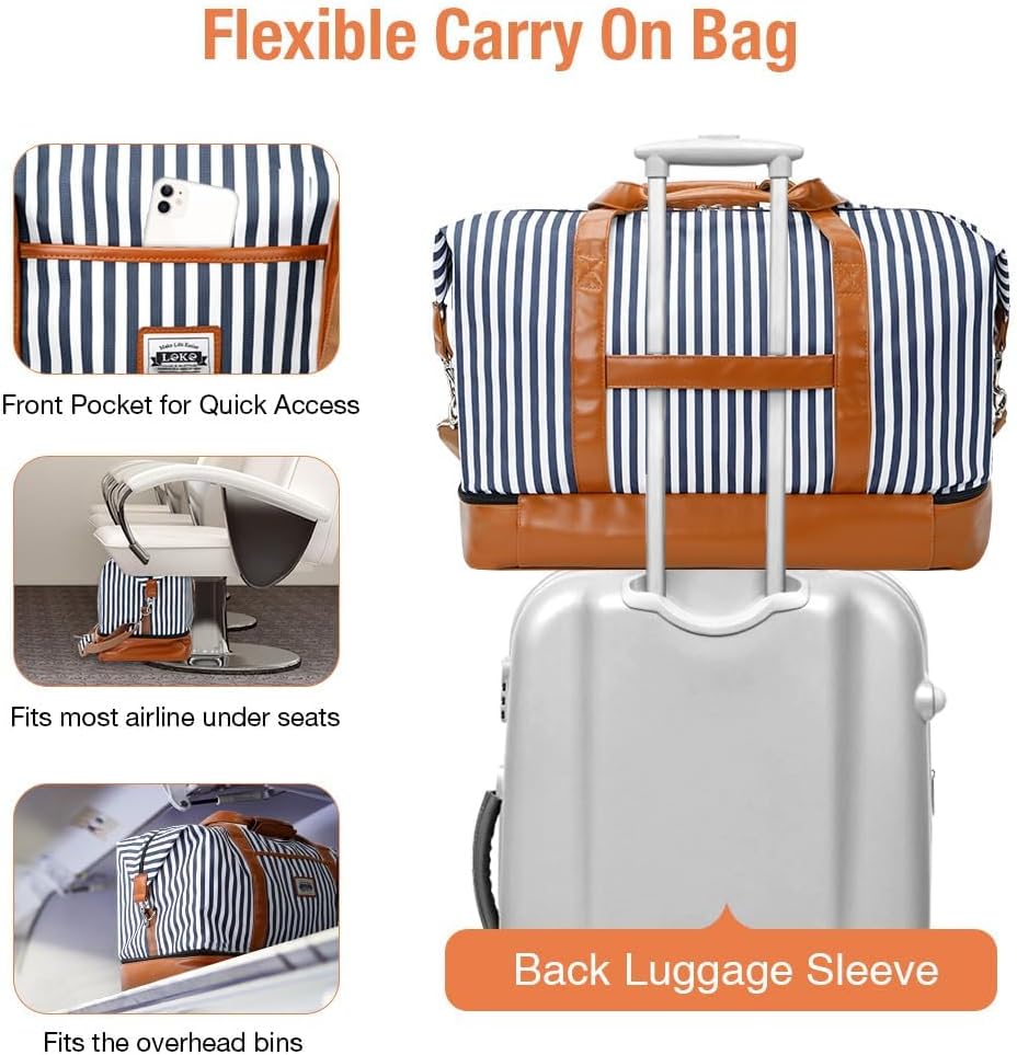 Lekespring Dubbellaagse reistas, handbagage, leer, weekendtas, dames, met schoenenvak, 50 l, gestreept, 50L - Image 5