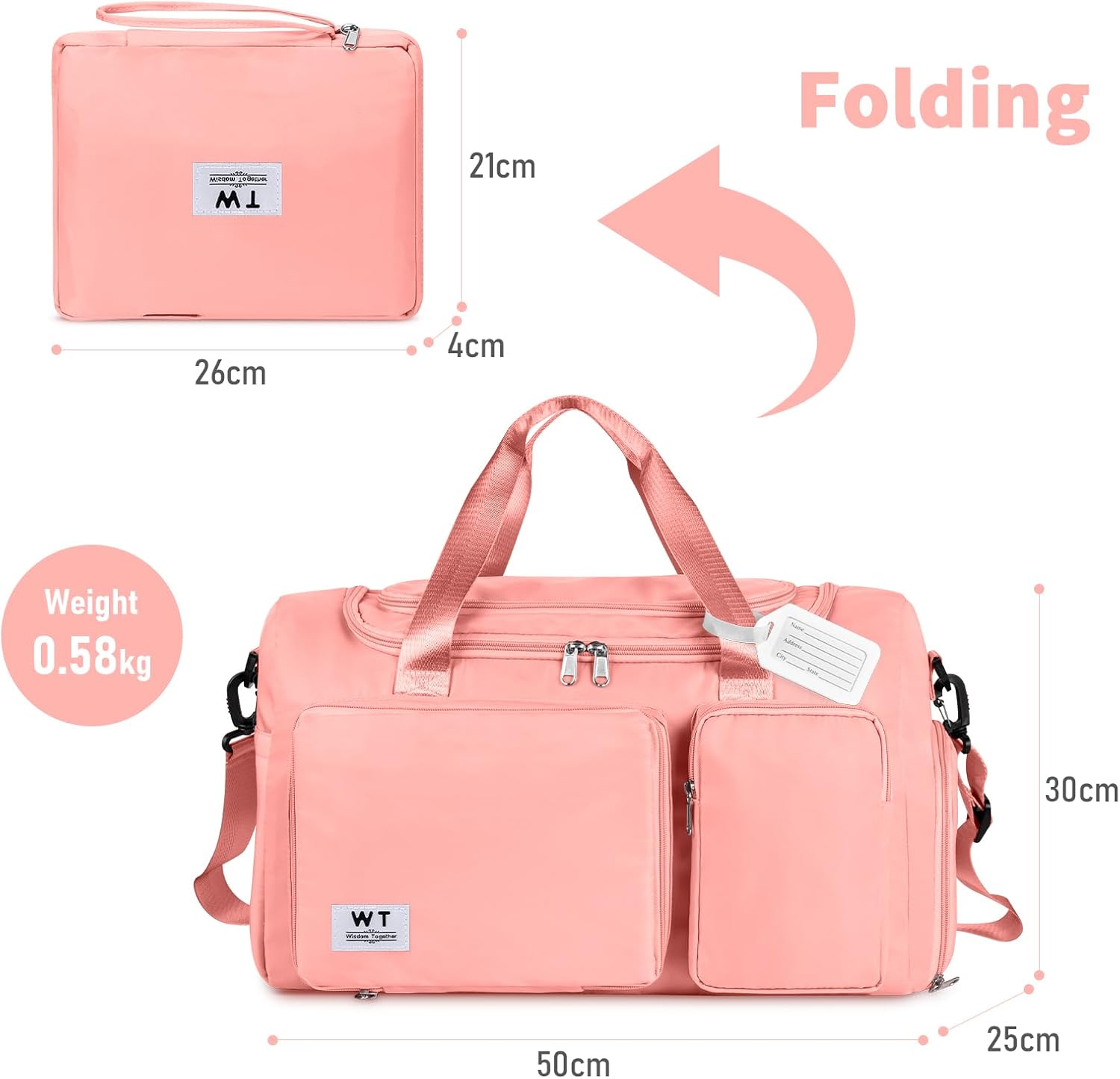 WT Opvouwbare reistas, sporttas voor dames, 35 liter, bagagetas, grote weekendtas, damestas, vakantietas, trainingstas, handtas, waterdicht, sauna, gym, shopping bag voor heren en dames, met - Image 3