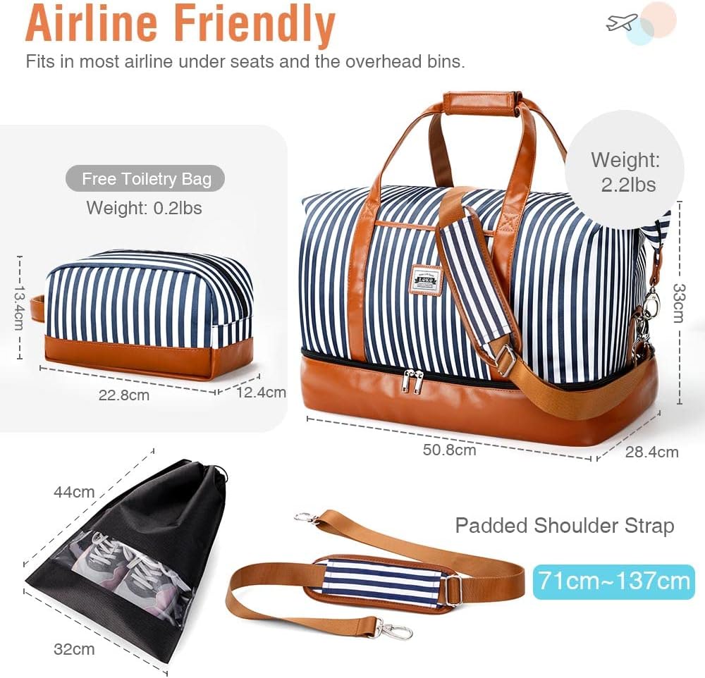 Lekespring Dubbellaagse reistas, handbagage, leer, weekendtas, dames, met schoenenvak, 50 l, gestreept, 50L - Image 6
