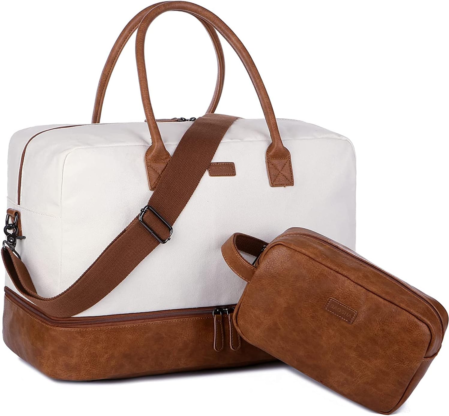 HB-10 Canvas reistas voor dames, weekendtas, duffels, weekendtas, handbagage met schoenenvak en toilettas, wit/beige, vintage - Image 2