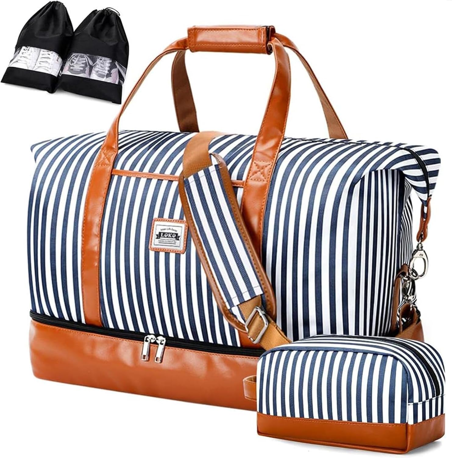Lekespring Dubbellaagse reistas, handbagage, leer, weekendtas, dames, met schoenenvak, 50 l, gestreept, 50L - Image 2