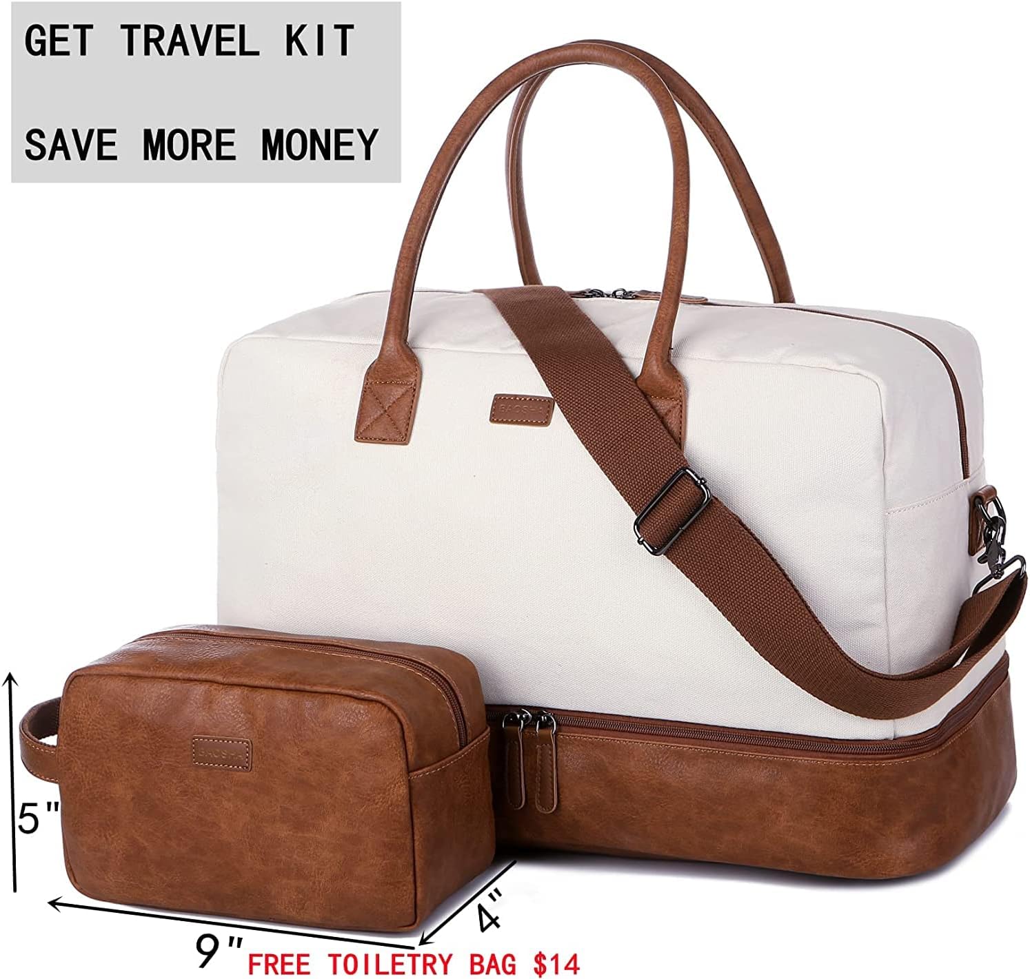HB-10 Canvas reistas voor dames, weekendtas, duffels, weekendtas, handbagage met schoenenvak en toilettas, wit/beige, vintage - Image 3
