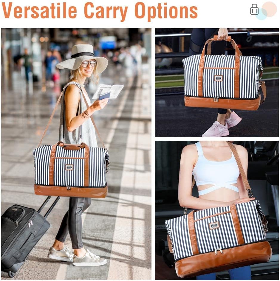 Lekespring Dubbellaagse reistas, handbagage, leer, weekendtas, dames, met schoenenvak, 50 l, gestreept, 50L - Image 8