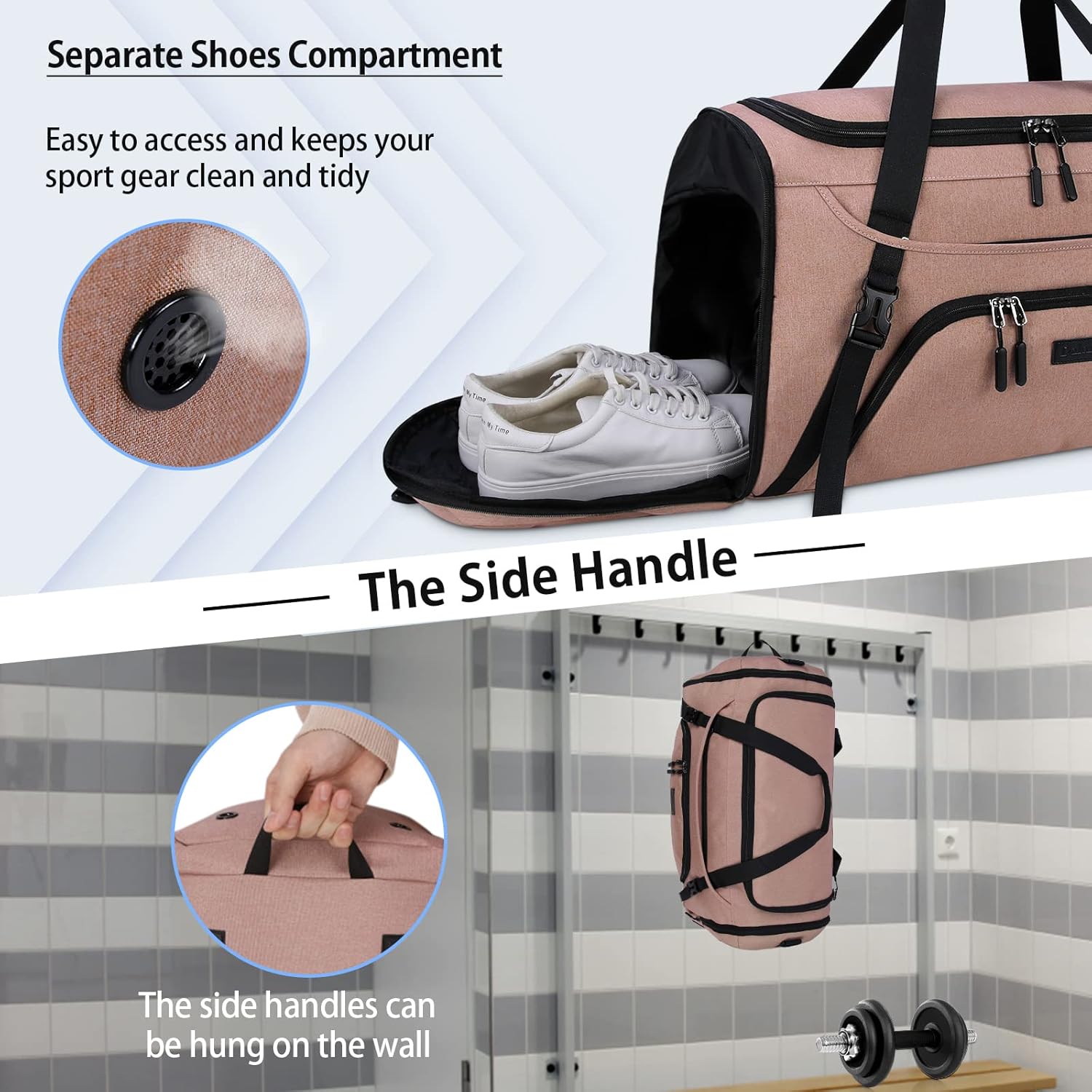 Dakuly Sporttas voor dames en heren, grote reistas, 55 liter, met schoenenvak, nat vak, weekendtas, zwemtas, gymtas, trainingstas voor mannen, roze - Image 3