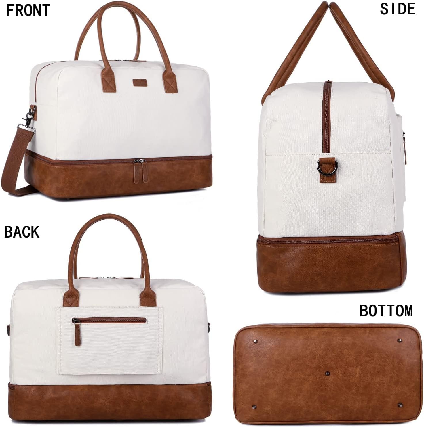 HB-10 Canvas reistas voor dames, weekendtas, duffels, weekendtas, handbagage met schoenenvak en toilettas, wit/beige, vintage - Image 4