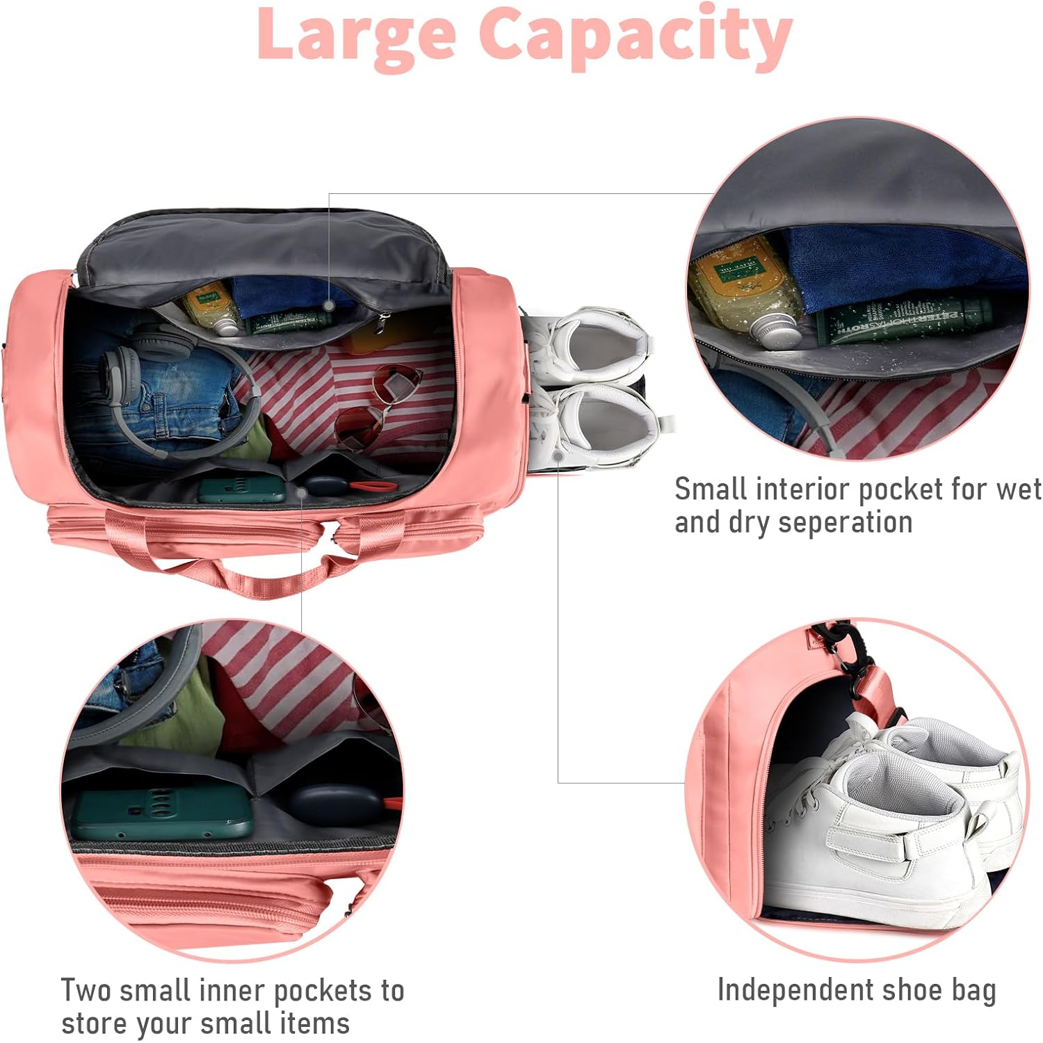 WT Opvouwbare reistas, sporttas voor dames, 35 liter, bagagetas, grote weekendtas, damestas, vakantietas, trainingstas, handtas, waterdicht, sauna, gym, shopping bag voor heren en dames, met - Image 5