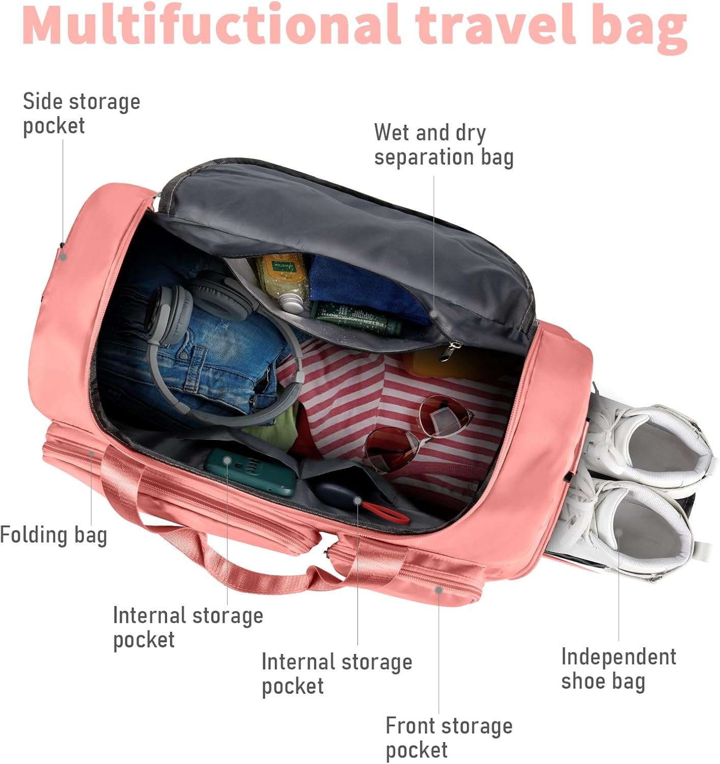 WT Opvouwbare reistas, sporttas voor dames, 35 liter, bagagetas, grote weekendtas, damestas, vakantietas, trainingstas, handtas, waterdicht, sauna, gym, shopping bag voor heren en dames, met - Image 6