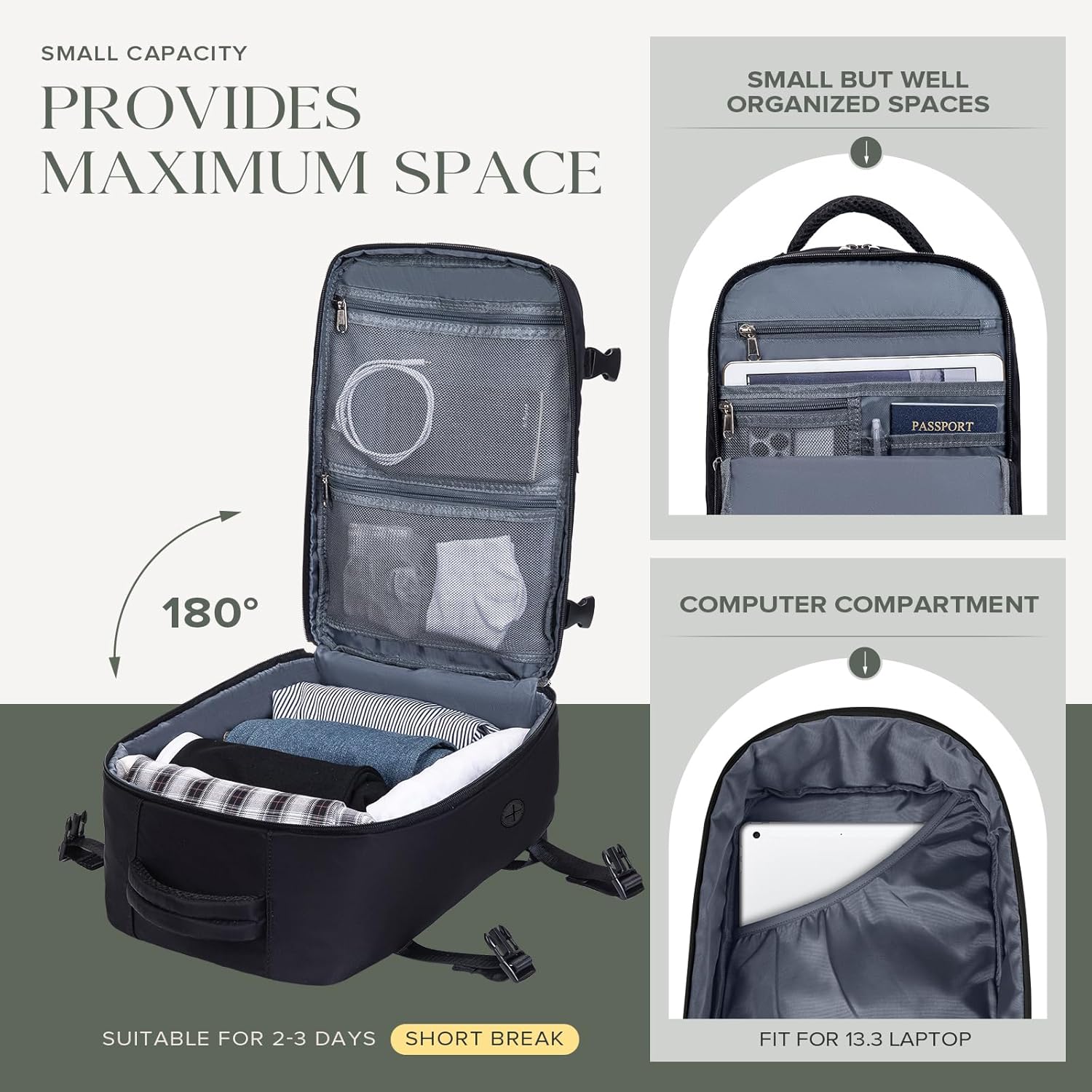 Handverpakking 40 x 25 x 18 cm voor Ryanair handcabinebagage 18 L reisrugzak waterdichte handbagage vliegtuigrugzak dagrugzak schoolrugzak zwart - Image 6