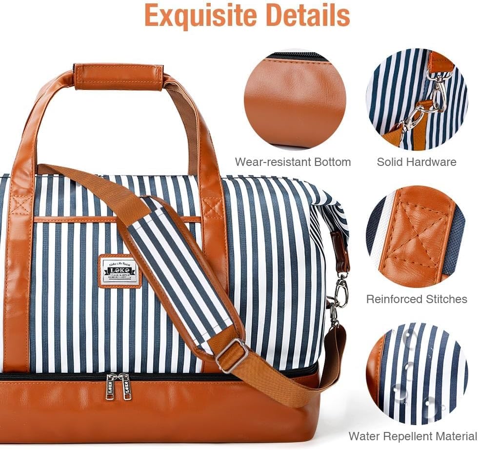 Lekespring Dubbellaagse reistas, handbagage, leer, weekendtas, dames, met schoenenvak, 50 l, gestreept, 50L - Image 7