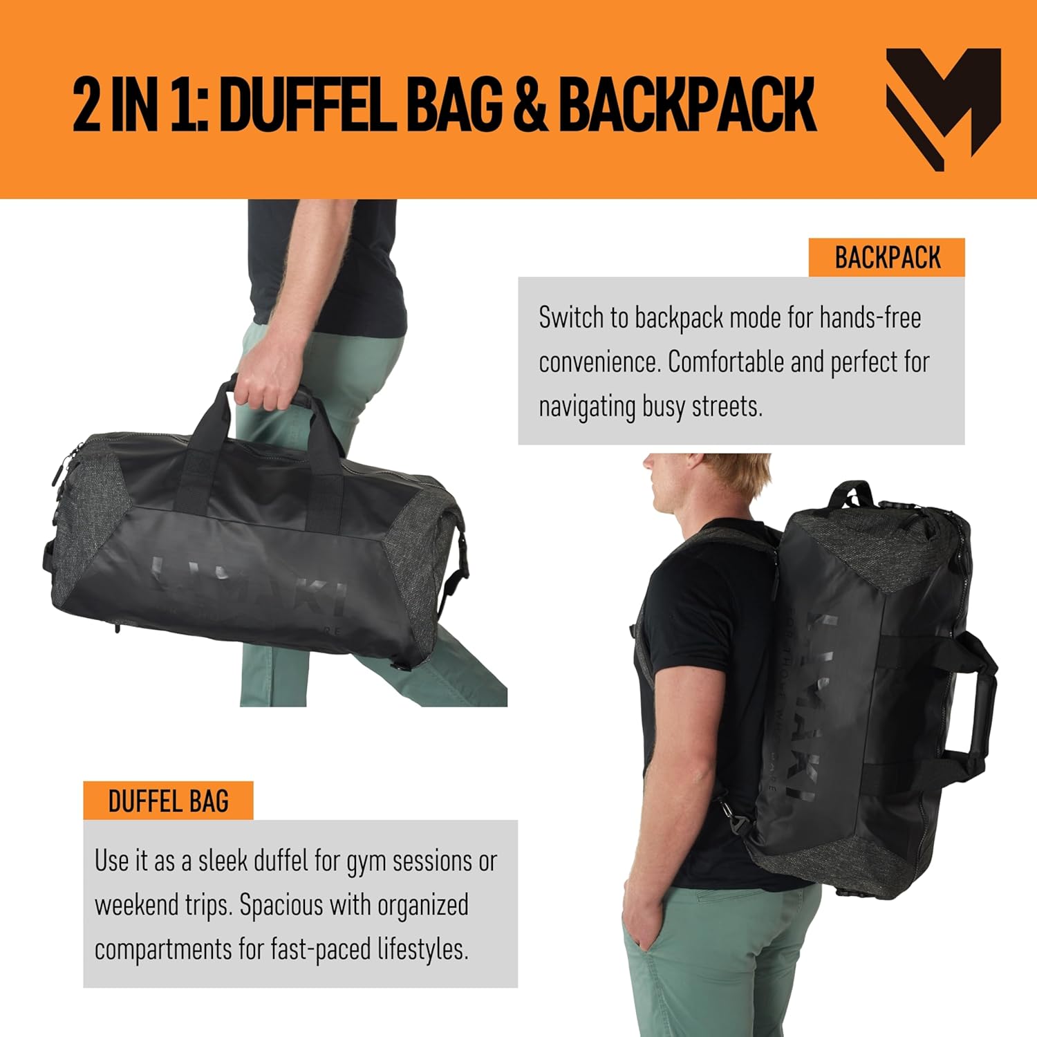 lamaki Holdall Duffel Backpack Weekender 45-50L Black Edition Urban Sports Gym Travel Industrial Look Veelzijdig uitbreidbaar Handbagage Lichtgewicht Heavy Duty schoenenvak Unisex - Image 5