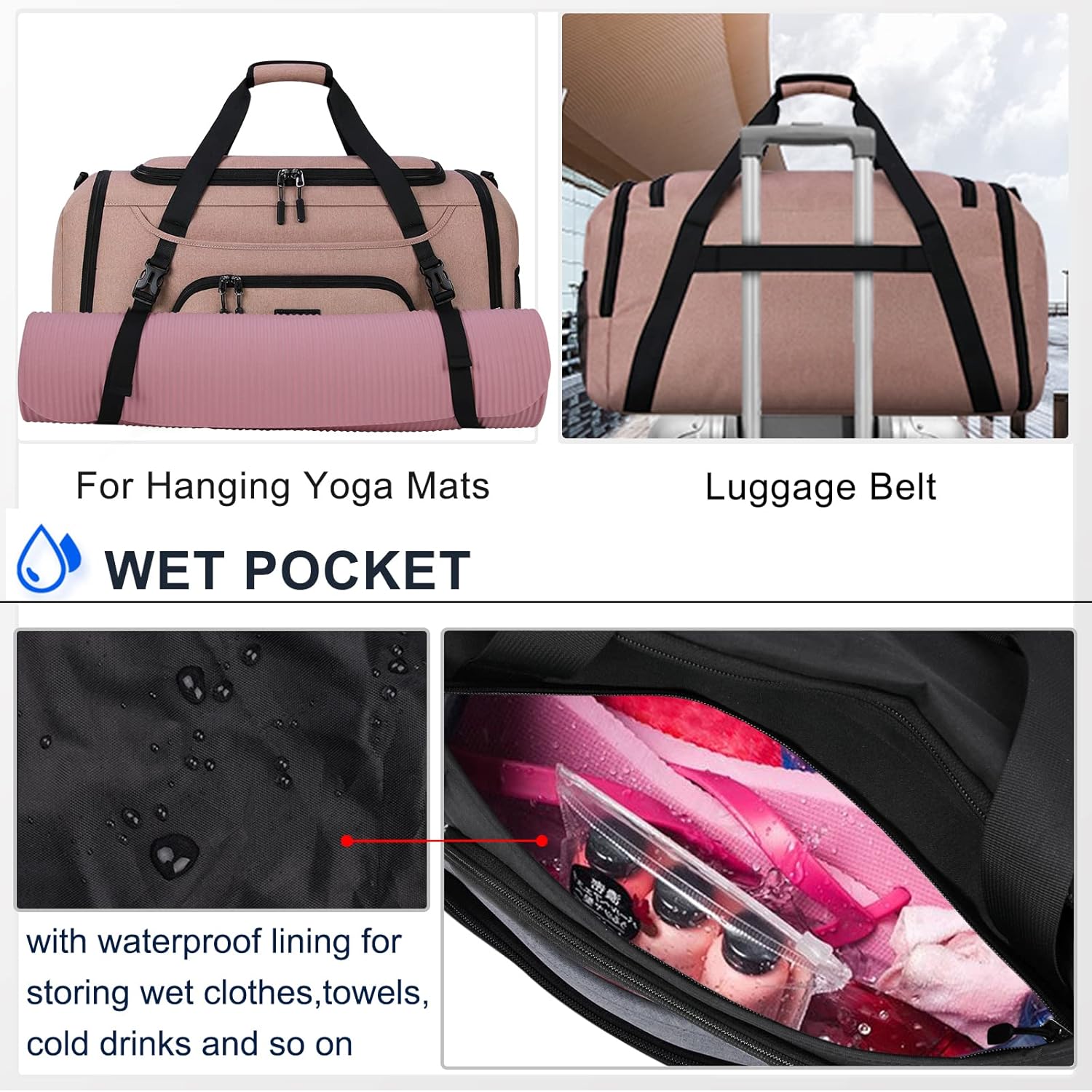 Dakuly Sporttas voor dames en heren, grote reistas, 55 liter, met schoenenvak, nat vak, weekendtas, zwemtas, gymtas, trainingstas voor mannen, roze - Image 6