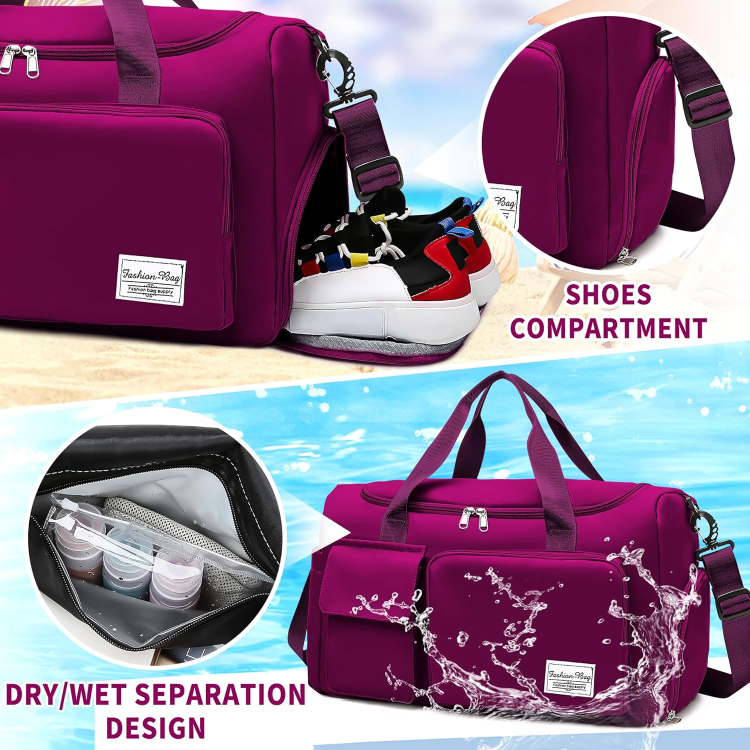 Reistas Dames Meisje, Sporttas Groot Waterdicht Gym Bag met Schoenenvak en Vochtige Vak, Travel Sportbag Boodschappentas Zwemtas Weekendtas Handbagage Fitnesstas Sportzak Fitnesstas, Purper - Image 3