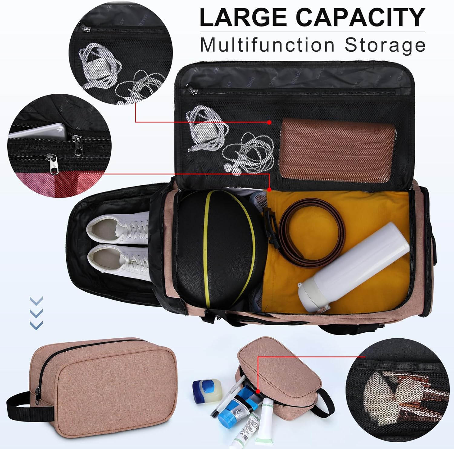 Dakuly Sporttas voor dames en heren, grote reistas, 55 liter, met schoenenvak, nat vak, weekendtas, zwemtas, gymtas, trainingstas voor mannen, roze - Image 4