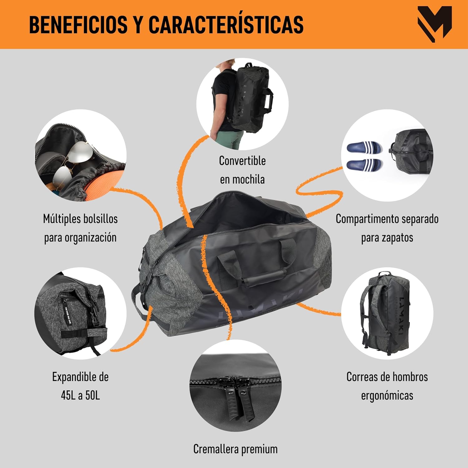 lamaki Holdall Duffel Backpack Weekender 45-50L Black Edition Urban Sports Gym Travel Industrial Look Veelzijdig uitbreidbaar Handbagage Lichtgewicht Heavy Duty schoenenvak Unisex - Image 3