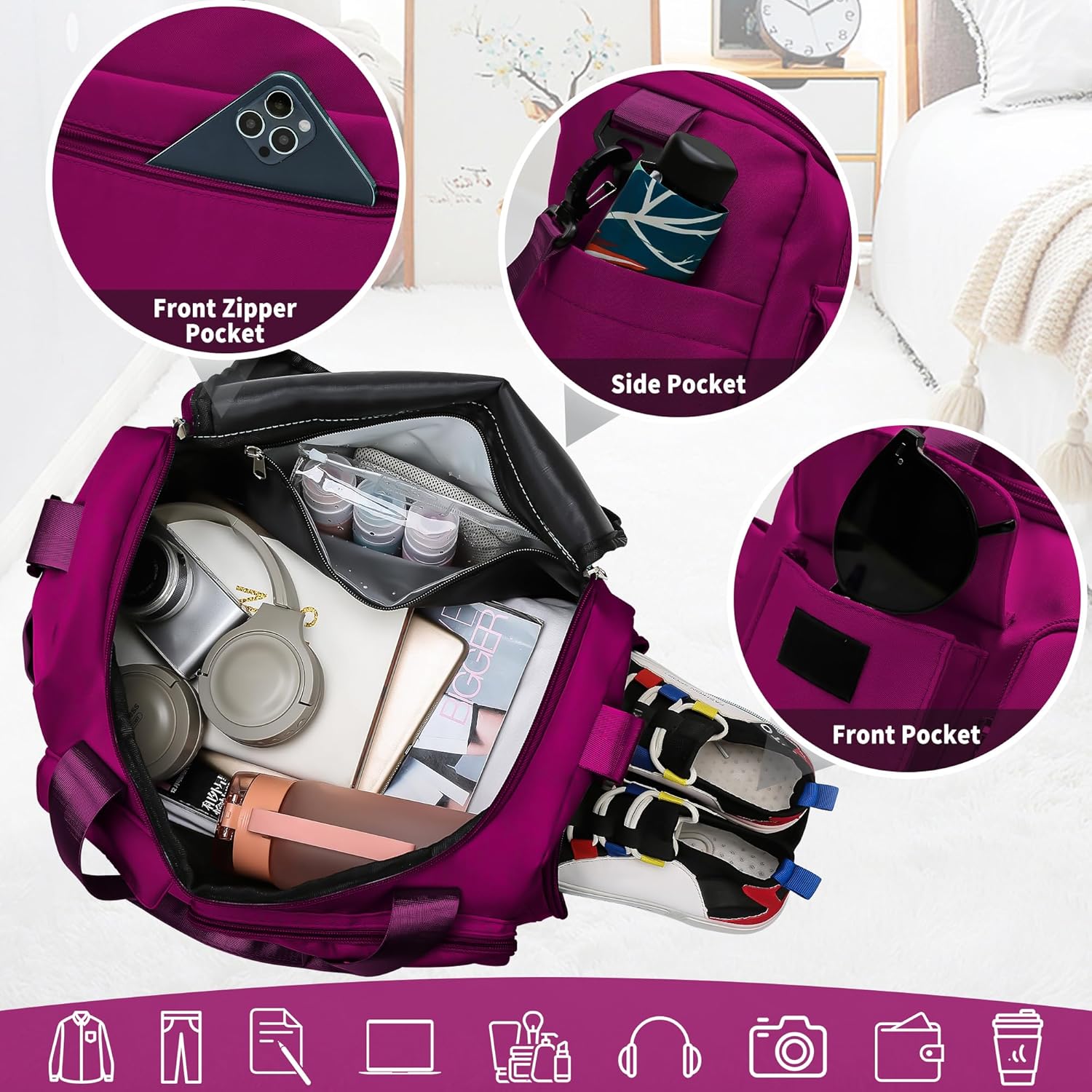Reistas Dames Meisje, Sporttas Groot Waterdicht Gym Bag met Schoenenvak en Vochtige Vak, Travel Sportbag Boodschappentas Zwemtas Weekendtas Handbagage Fitnesstas Sportzak Fitnesstas, Purper - Image 4