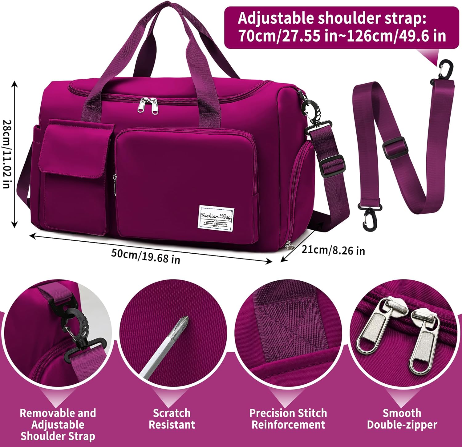 Reistas Dames Meisje, Sporttas Groot Waterdicht Gym Bag met Schoenenvak en Vochtige Vak, Travel Sportbag Boodschappentas Zwemtas Weekendtas Handbagage Fitnesstas Sportzak Fitnesstas, Purper - Image 5