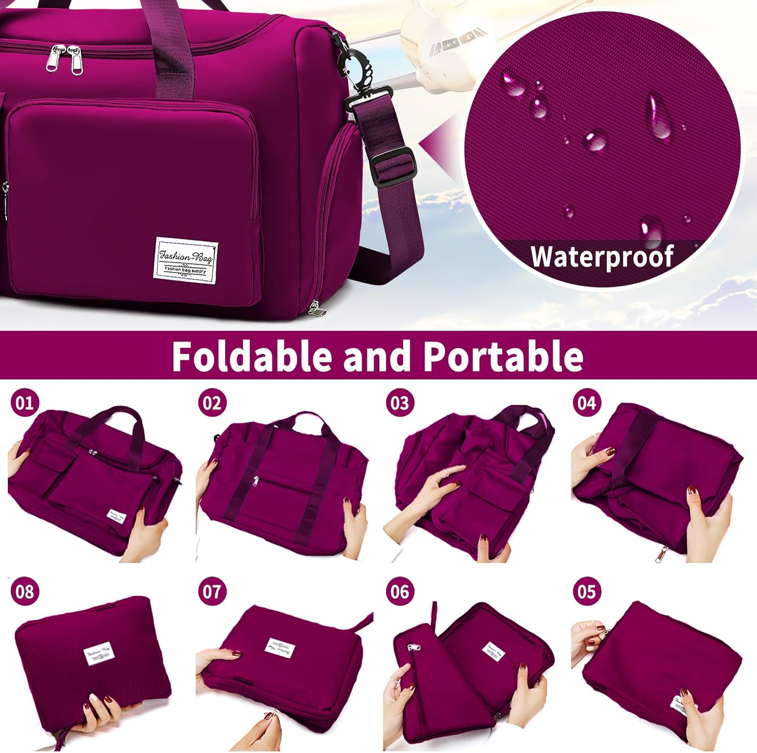 Reistas Dames Meisje, Sporttas Groot Waterdicht Gym Bag met Schoenenvak en Vochtige Vak, Travel Sportbag Boodschappentas Zwemtas Weekendtas Handbagage Fitnesstas Sportzak Fitnesstas, Purper - Image 6