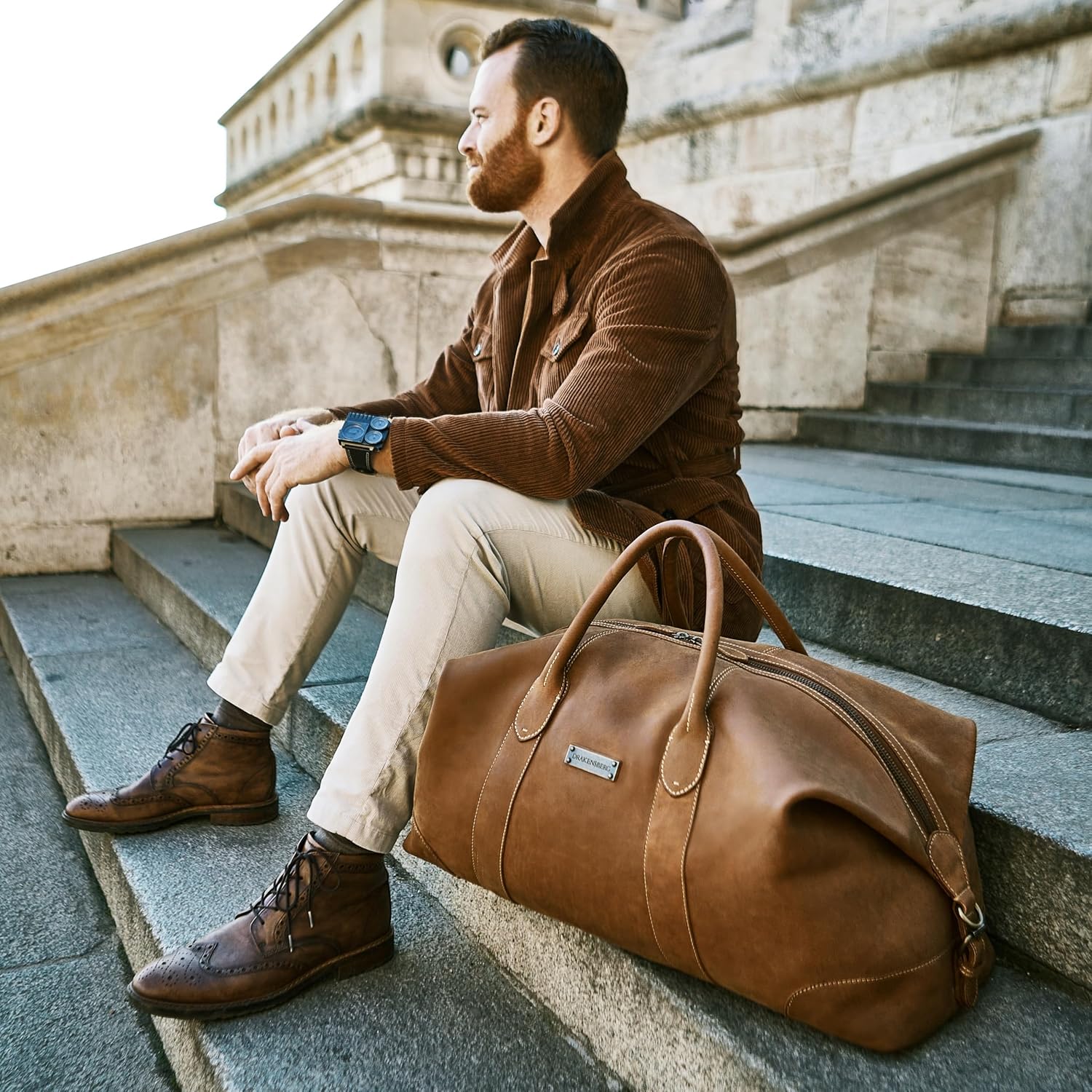 DRAKENSBERG Weekender 'David' - lederen reistas heren en dames in vintage design, uitbreidbaar, 60 l, Havanna-bruin - L, Eén maat, Klassieke weekends - Image 3