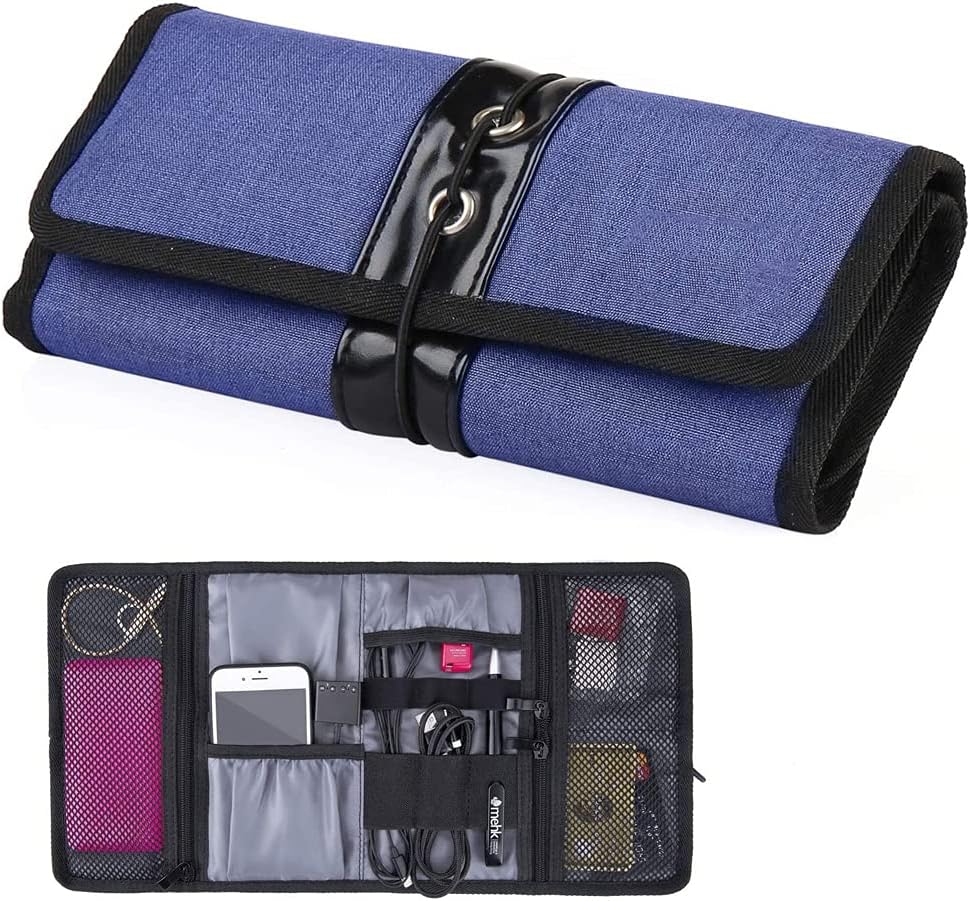 Opvouwbare kabelzak draagbare haspel tas tas kleine tas organizer kit, reiskabel tas voor oortelefoon, gadgets, harde schijf, cosmetica, borstel, lippenstift-blauw - Image 2