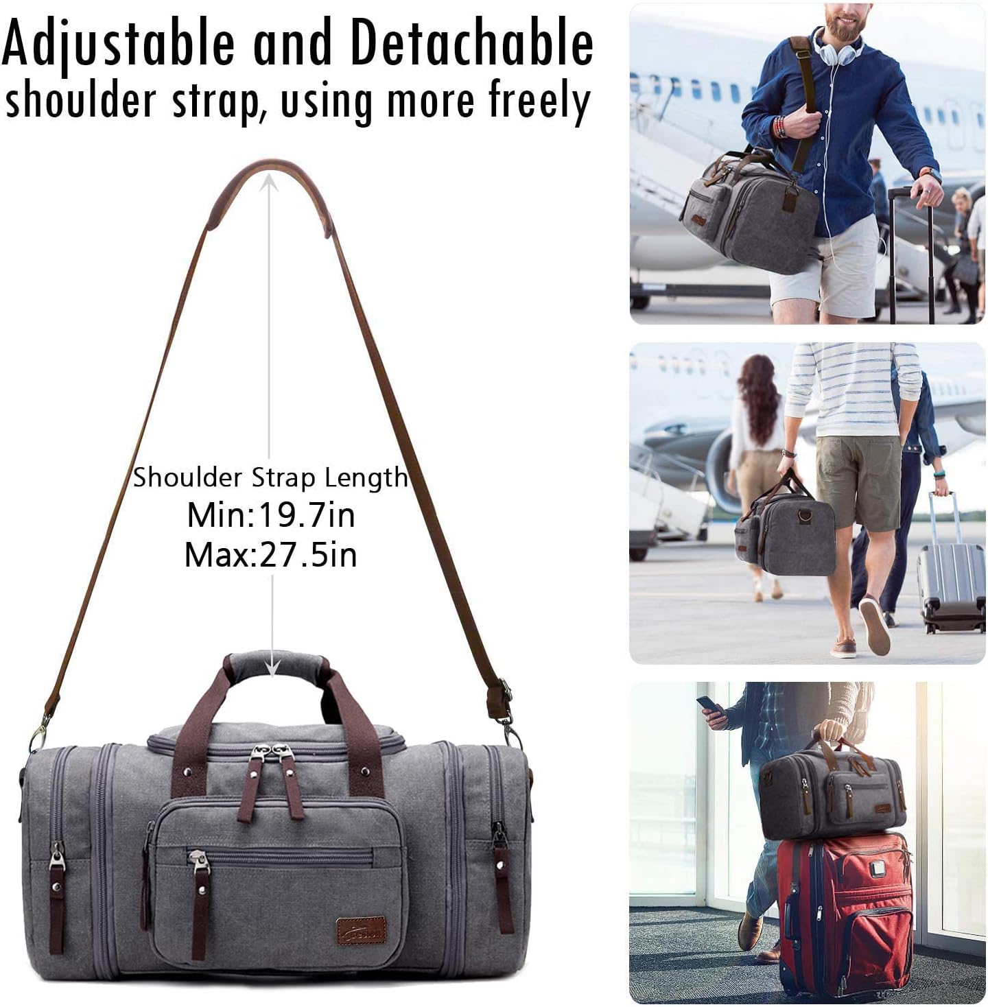 Fresion Unisex canvas reistas tote handtas mannen weekender schoudertas vrijetijdstas handbagage voor vrouwen en mannen met 40 l, Grijs 40 l canvas, 40 EU, Reistas - Image 7