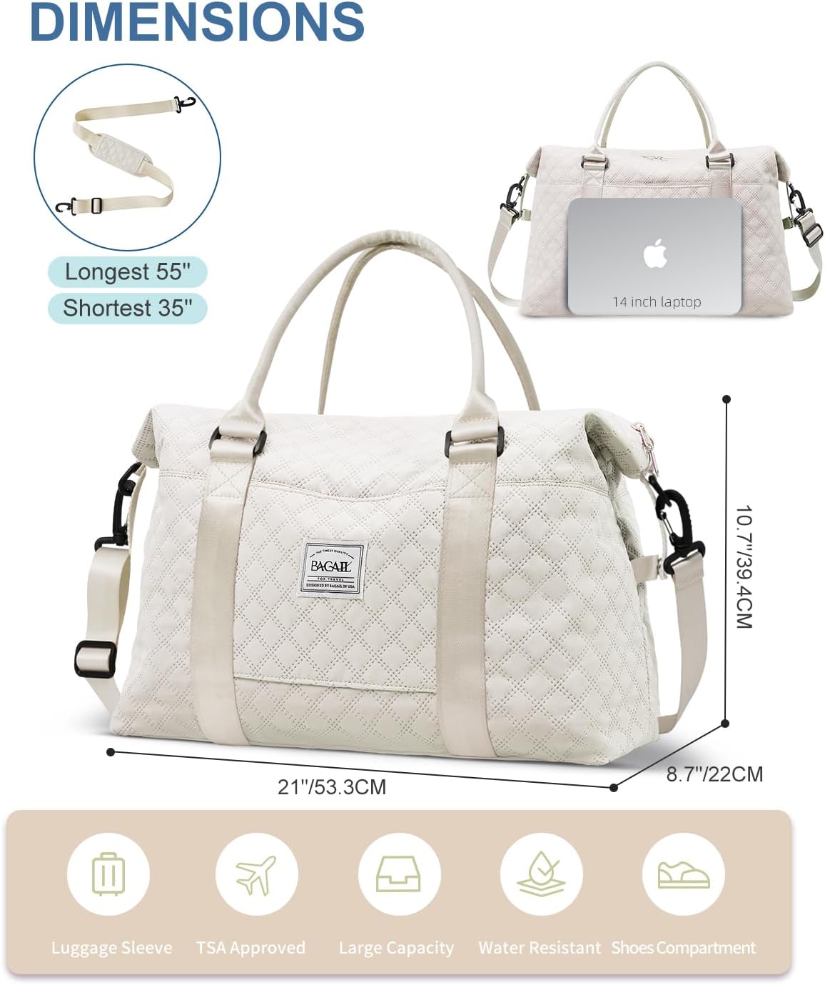 BAGAIL Reistas, weekendtassen voor vrouwen, overnachting gym draagtas met natte zak, ziekenhuis moeder tas voor arbeid en levering, Bb-ivoor, Reizen Duffle - Image 7