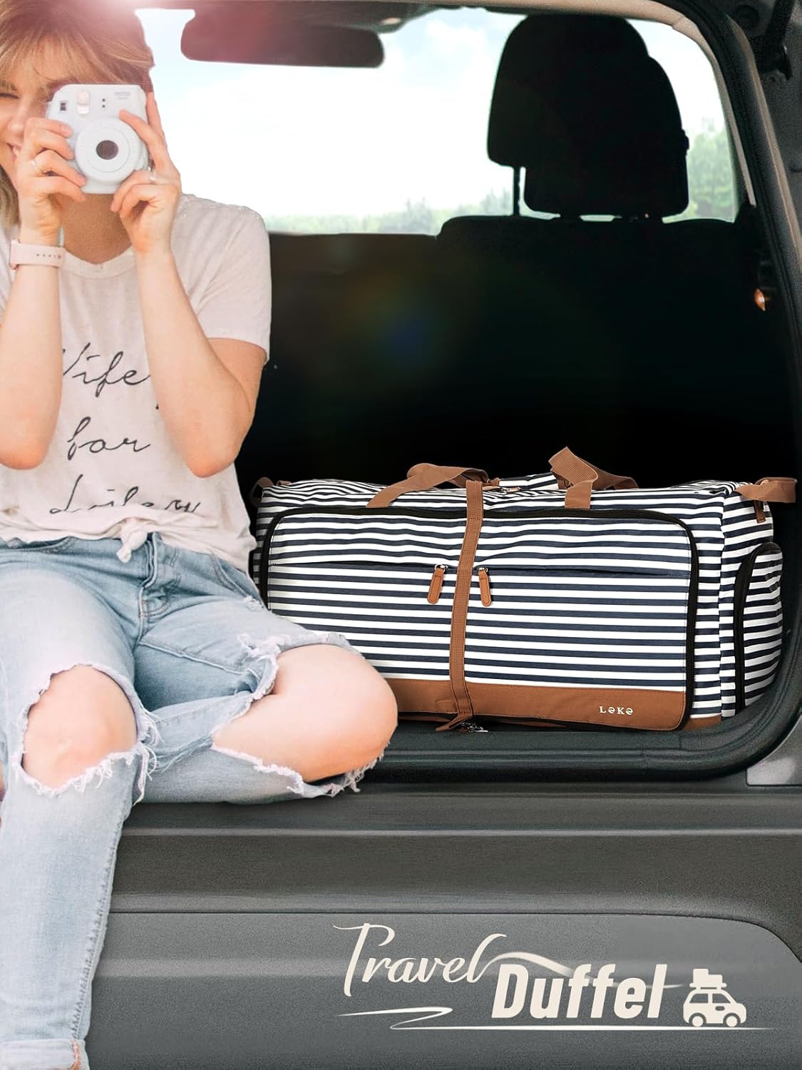 Lekesky Reistas voor dames, opvouwbare reistas, weekendtas, sporttas met schoenenvak, waterdichte handbagage, sporttas, ziekenhuistas, blauw gestreept, 60L - Image 3