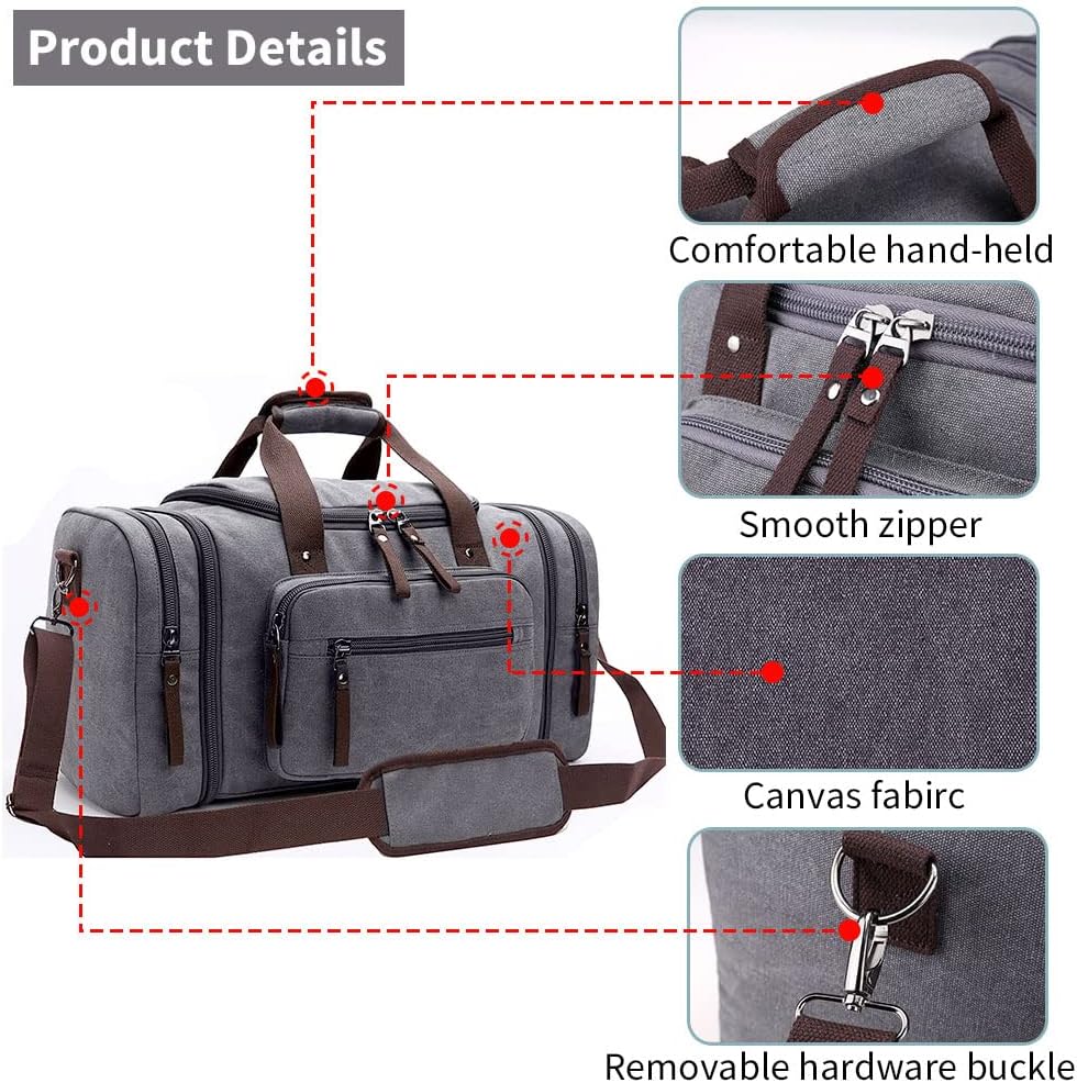 Fresion Unisex canvas reistas tote handtas mannen weekender schoudertas vrijetijdstas handbagage voor vrouwen en mannen met 40 l, Grijs 40 l canvas, 40 EU, Reistas - Image 6