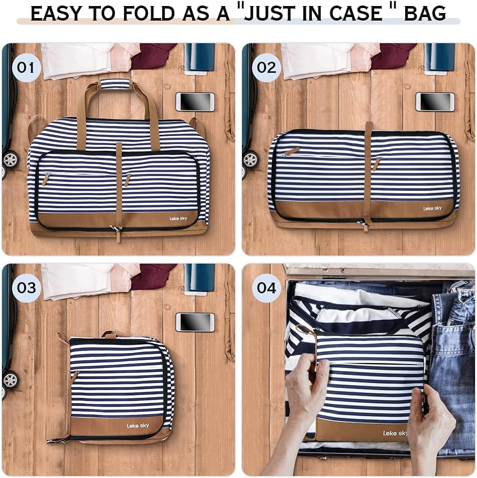 Lekesky Reistas voor dames, opvouwbare reistas, weekendtas, sporttas met schoenenvak, waterdichte handbagage, sporttas, ziekenhuistas, blauw gestreept, 60L - Image 8