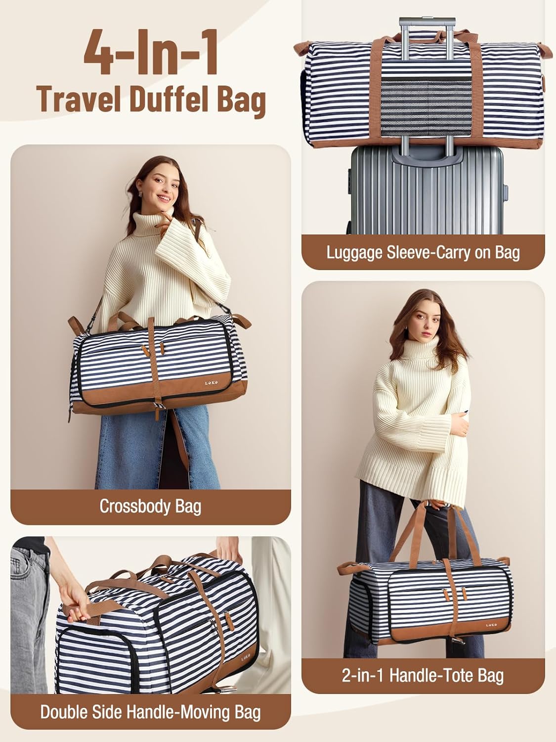 Lekesky Reistas voor dames, opvouwbare reistas, weekendtas, sporttas met schoenenvak, waterdichte handbagage, sporttas, ziekenhuistas, blauw gestreept, 60L - Image 6