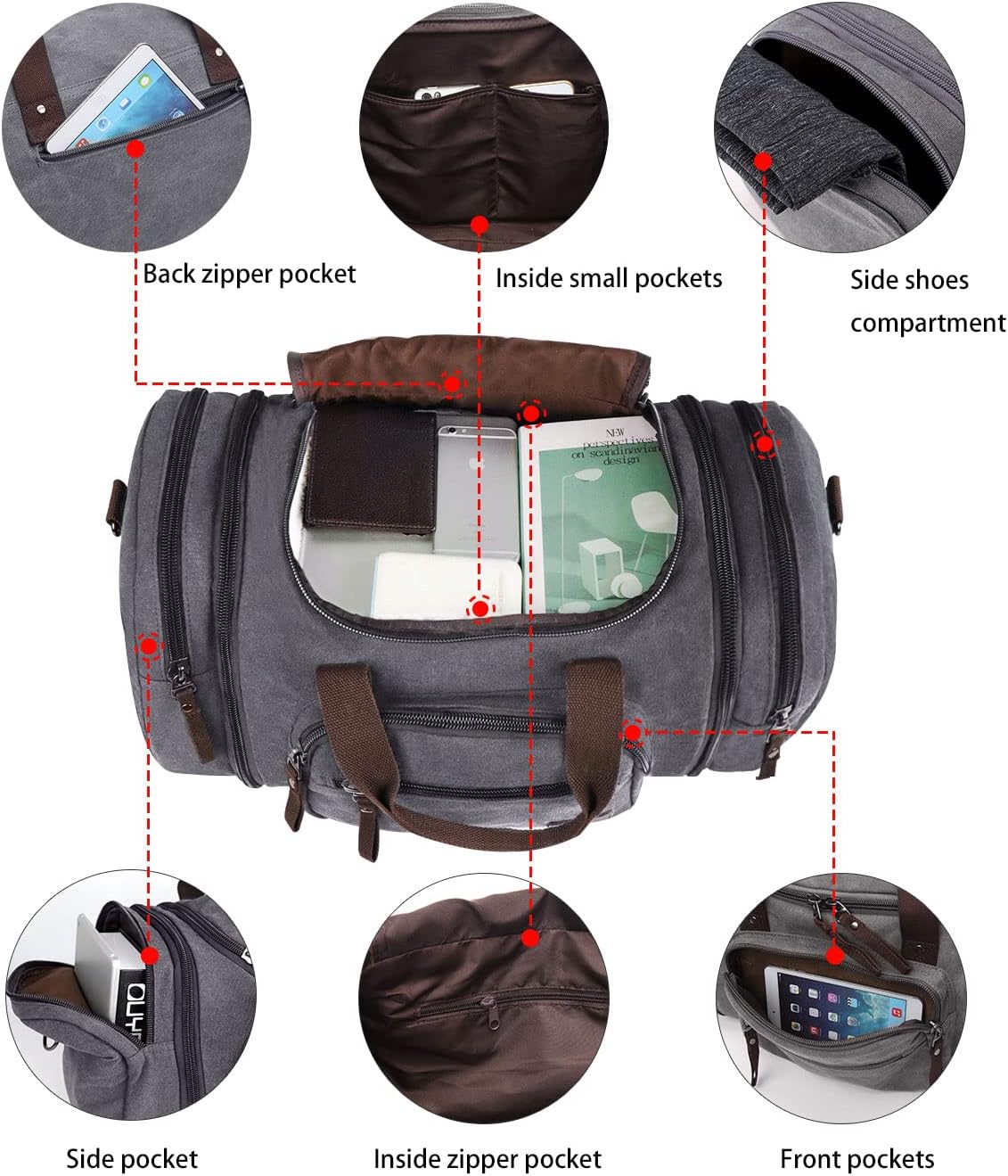 Fresion Unisex canvas reistas tote handtas mannen weekender schoudertas vrijetijdstas handbagage voor vrouwen en mannen met 40 l, Grijs 40 l canvas, 40 EU, Reistas - Image 4