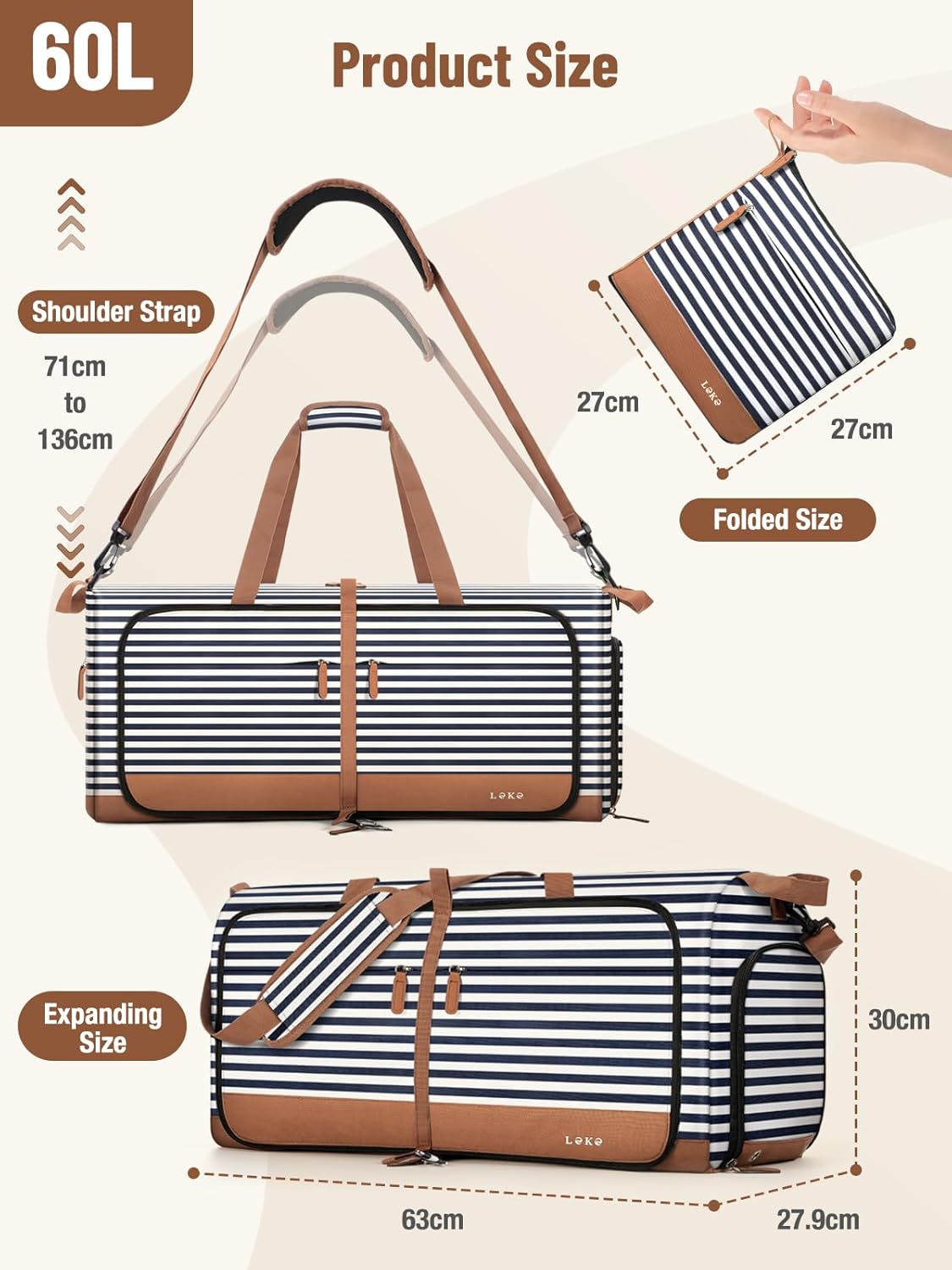 Lekesky Reistas voor dames, opvouwbare reistas, weekendtas, sporttas met schoenenvak, waterdichte handbagage, sporttas, ziekenhuistas, blauw gestreept, 60L - Image 4