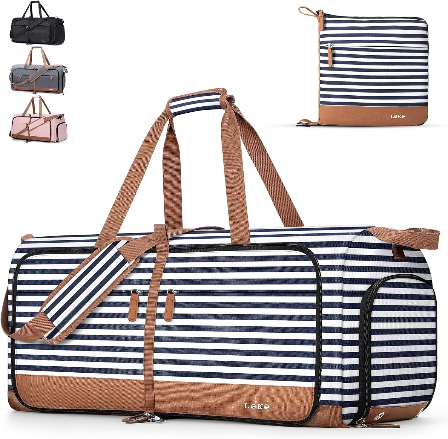 Lekesky Reistas voor dames, opvouwbare reistas, weekendtas, sporttas met schoenenvak, waterdichte handbagage, sporttas, ziekenhuistas, blauw gestreept, 60L - Image 2